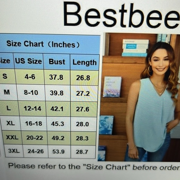 Bestbee Womens L Tank Top Chiffon Dressy Blouse V Neck Sleeveless Tunic Lt. Blue - Picture 11 of 11